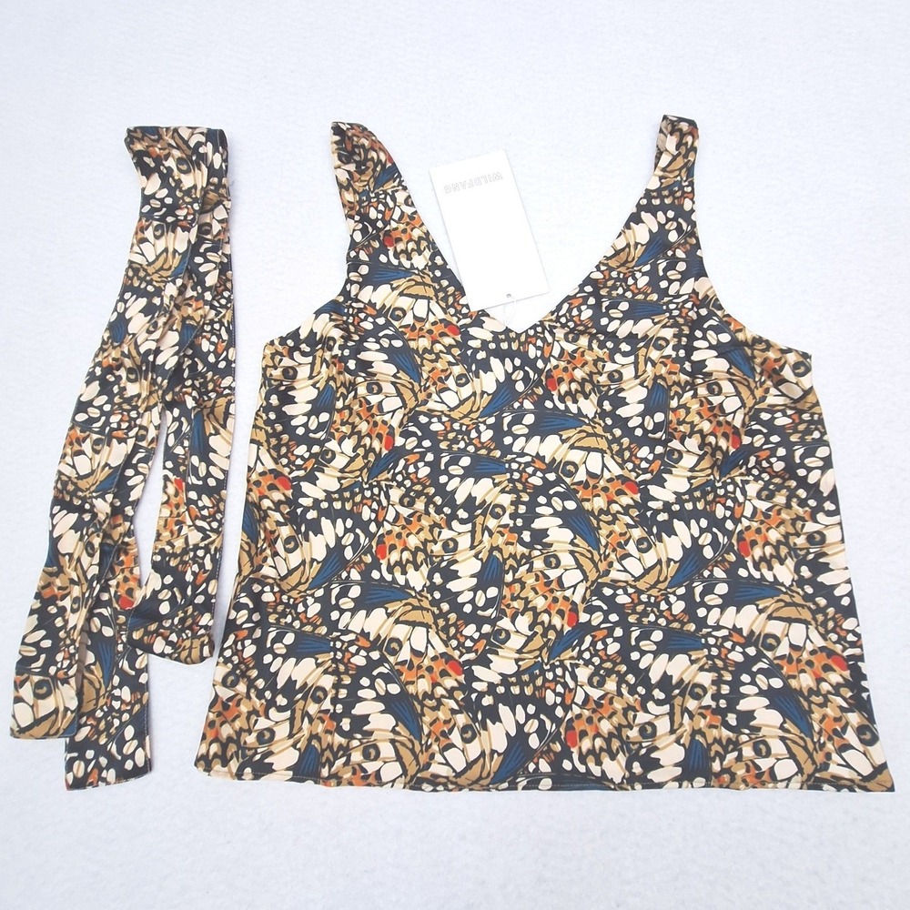 Wildfang Empower Satin Cami Womens XS Black Butterfly Wing Print NWT